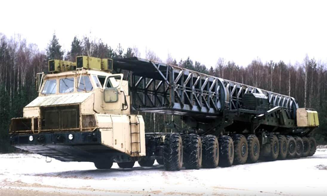 The Soviet MAZ-7907 with 12 axles and 24 drive wheels, built in 1985 to transport ICBM missiles