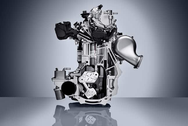 Cross-section of the Nissan VC-Turbo KR20DDET engine showing the variable compression multi-link mechanism