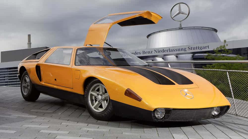 1969 Mercedes-Benz C111 in its iconic Weißherbst orange colour, with gullwing doors open
