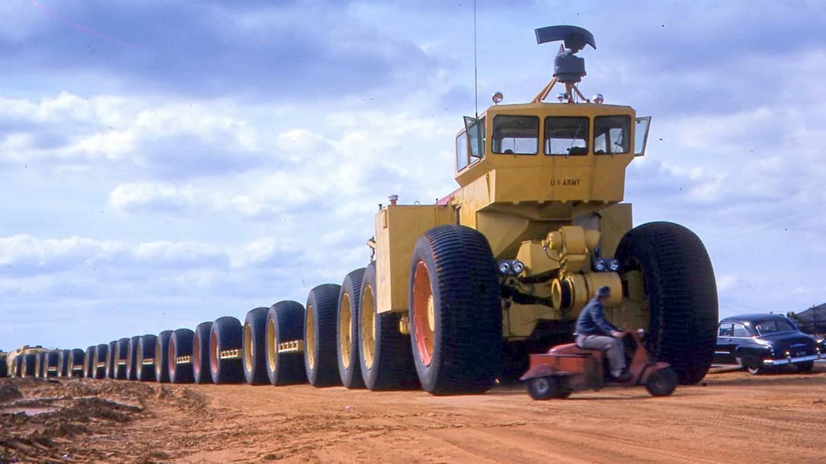 The LeTourneau TC-497 Overland Train Mark II at the Yuma Proving Ground, Arizona, 1962 — the longest all-terrain vehicle ever built