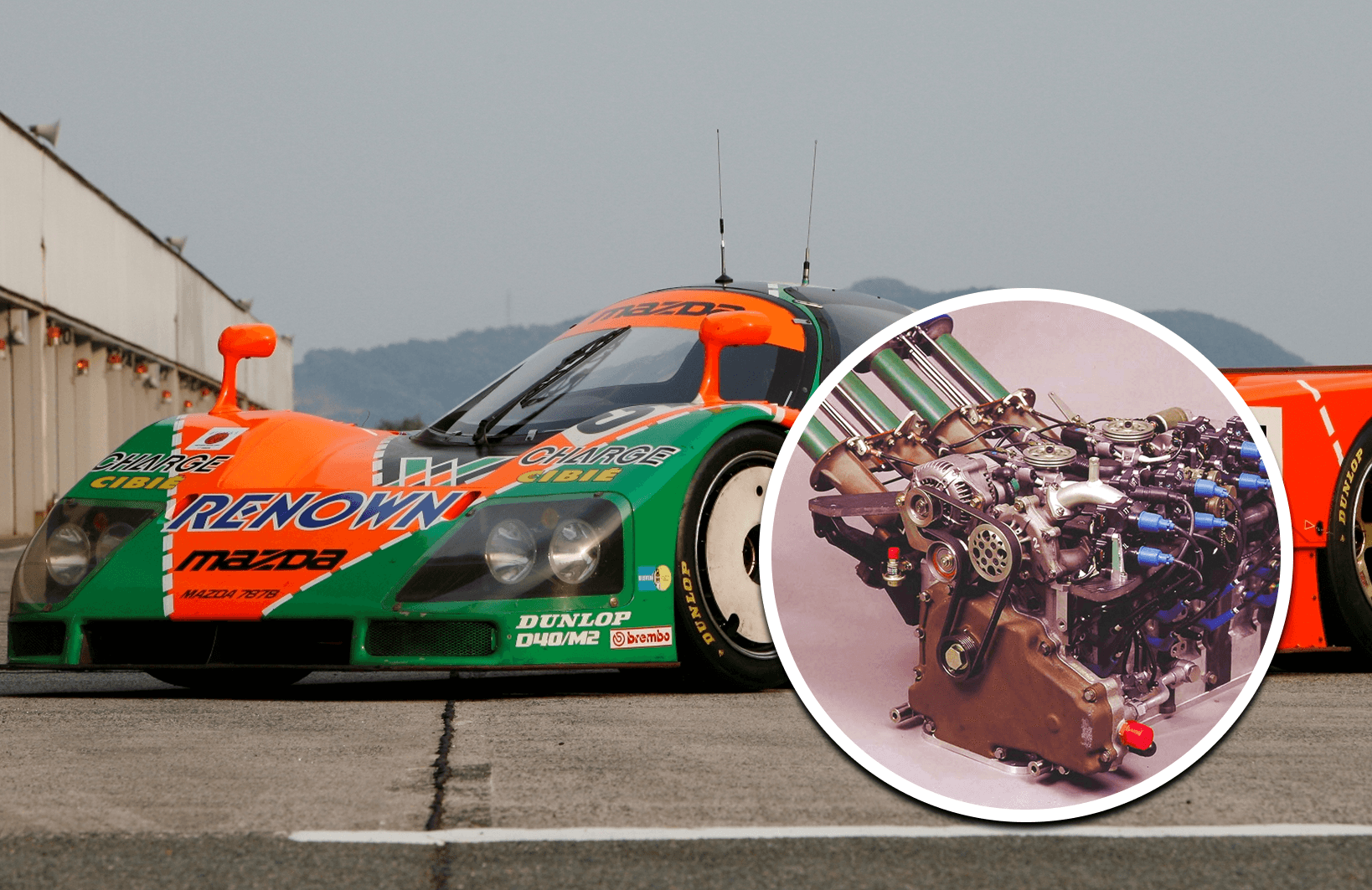 The Mazda 787B #55 in the Renown 'Charge' green and orange livery, driven by Weidler, Herbert and Gachot, at the 1991 24 Hours of Le Mans — the only rotary to win Le Mans